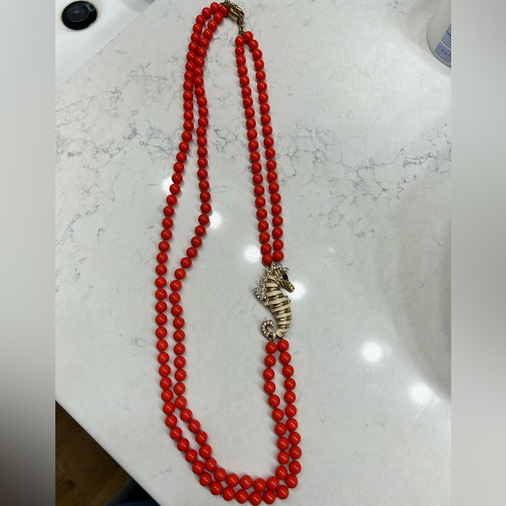 J Crew Coral Necklace with Enamel Seahorse